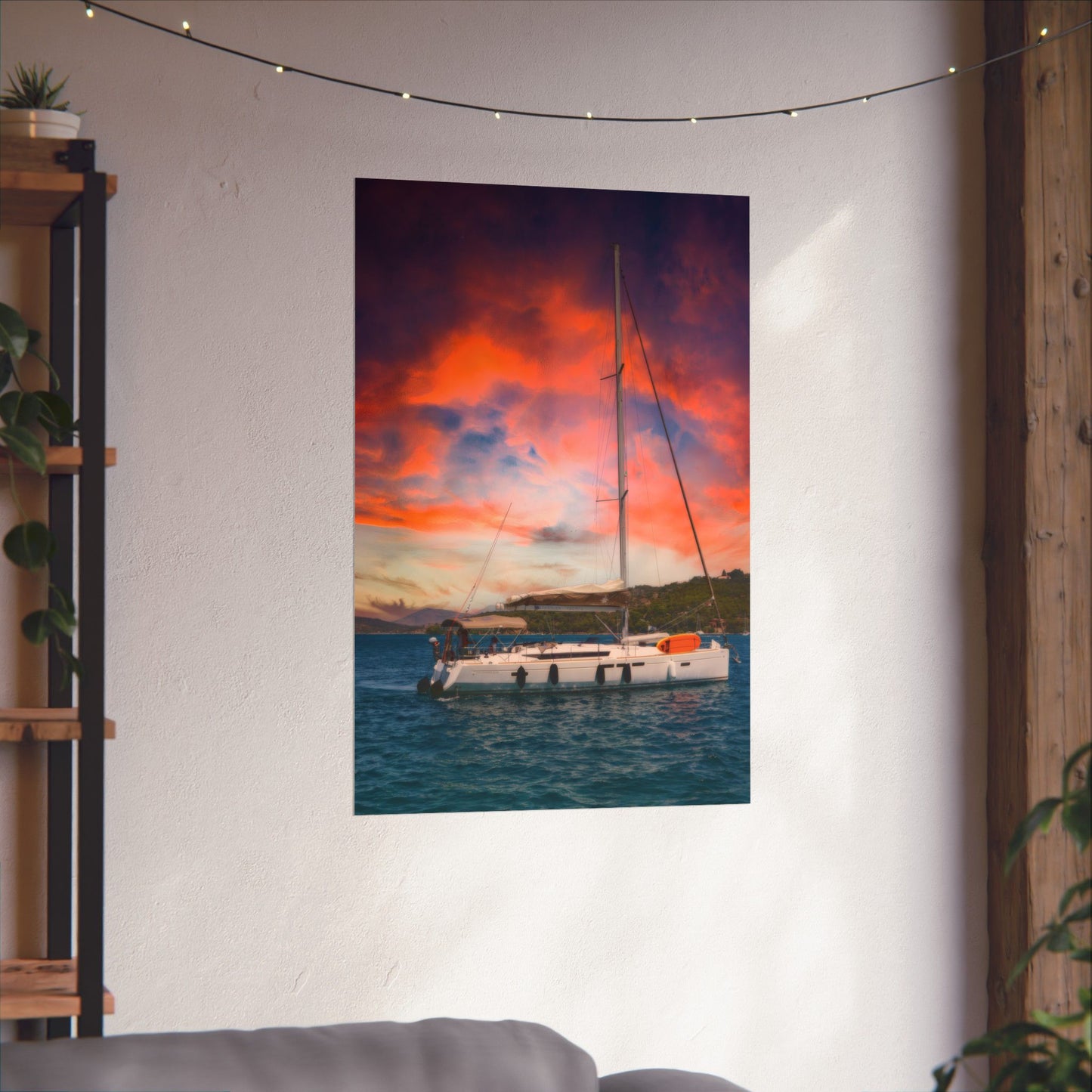 Luxury Yacht Sunset Poster, Mediterranean Sailing Wall Art, Vibrant Orange Sky Seascape, Nautical Home Decor, Modern Sailboat Print
