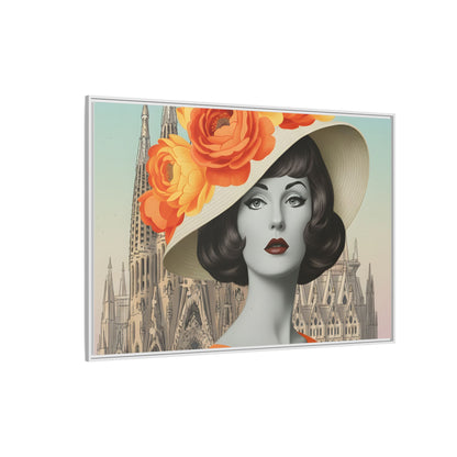 Elegant Vintage Woman with Coffee in front of Sagrada Familia in Barcelona — Retro Pop Art Framed Matte Canvas