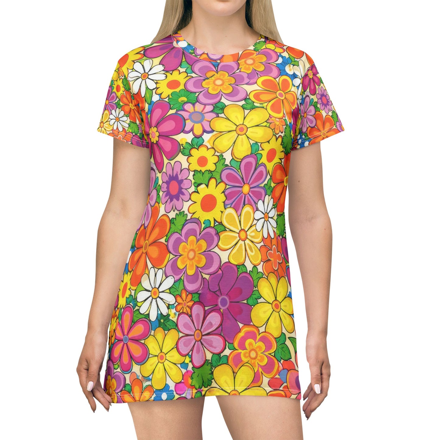 Floral Retro Mini Dress — Bright 60s Flower Power Allover Print