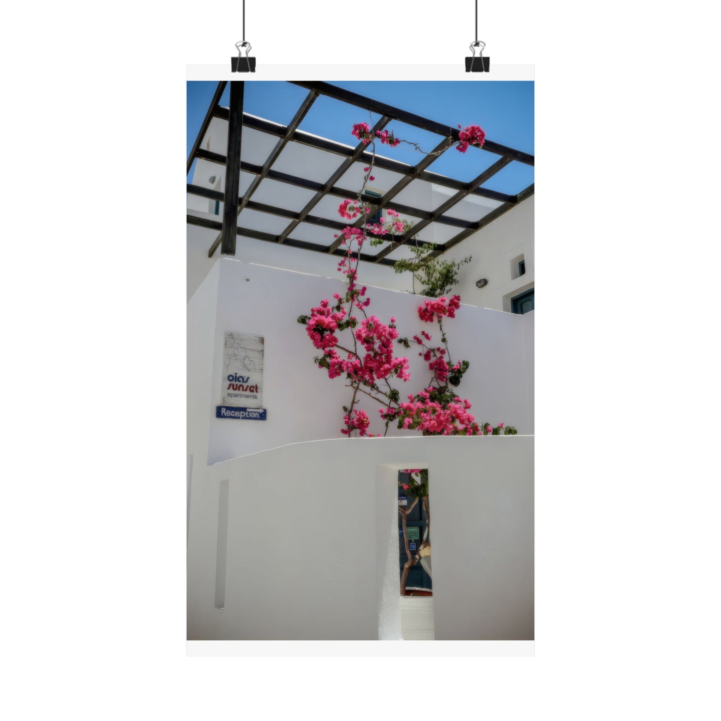 Santorini Bougainvillea Poster, Oia Greece White Architecture Art, Mediterranean Floral Wall Decor, Greek Island Photography Print Art Decor