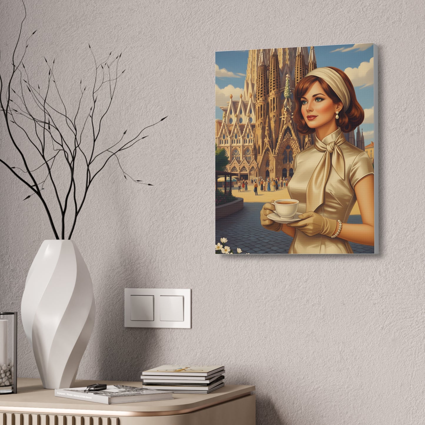 Elegant vintage woman drinking coffee in front of Sagrada Familia in Barcelona, retro fashion illustration Canvas Print - Stretched 1.5"