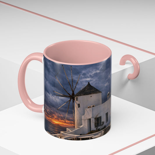 Oia Santorini Windmill Sunset Accent Coffee Mug — Greek Island Nightscape Gift