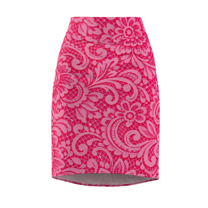 Pink Floral Lace-Print Pencil Skirt — Women's Fitted AOP