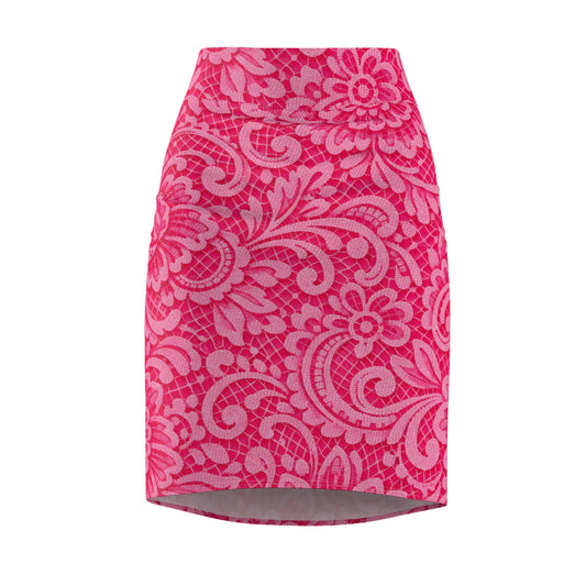 Pink Floral Lace-Print Pencil Skirt — Women's Fitted AOP