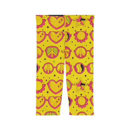 Psychedelic Peace Capri Leggings — 70s Heart, Peace & Flower Print