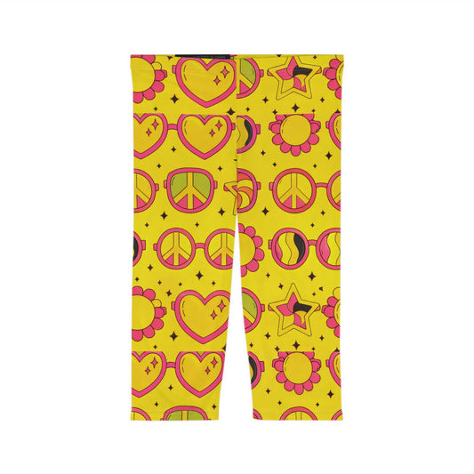 Psychedelic Peace Capri Leggings — 70s Heart, Peace & Flower Print