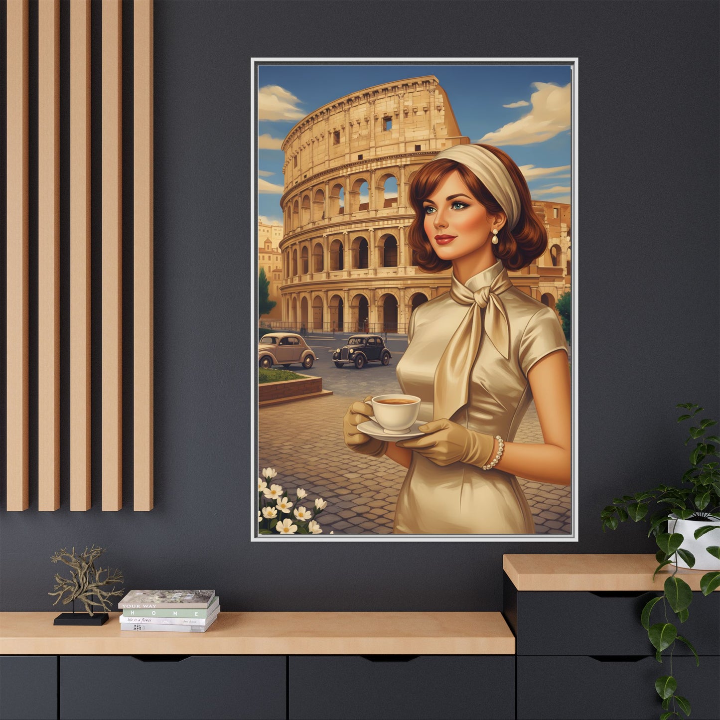 Elegant vintage woman drinking coffee in front of Colosseum in Rome Canvas Print