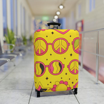 Retro Sunshine Luggage Cover – Yellow Peace Sign, Hearts & Flowers Travel Protector