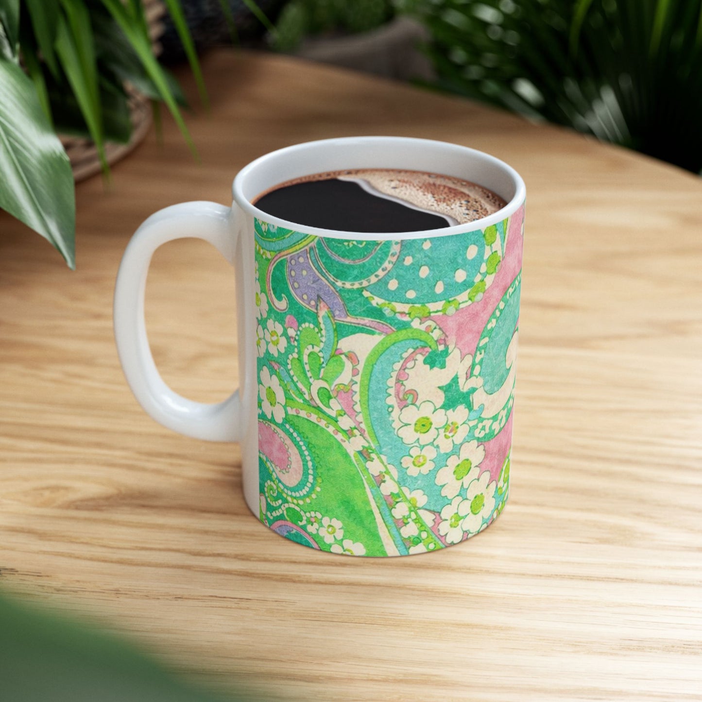Green Paisley Ceramic Mug — Retro Floral 11oz & 15oz Coffee Cup