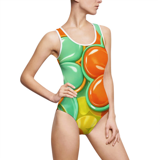Retro Orange & Teal Floral One-Piece Swimsuit