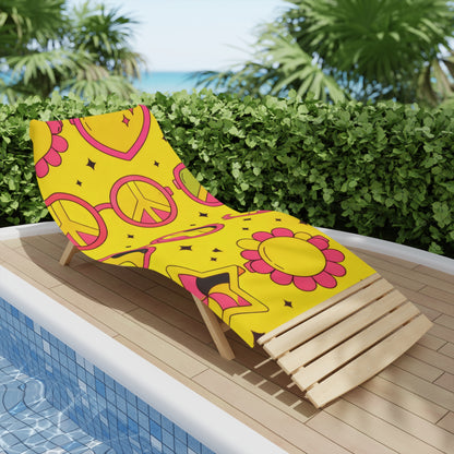 Retro Peace & Love Beach Towel — Yellow Floral Heart Paisley Pattern
