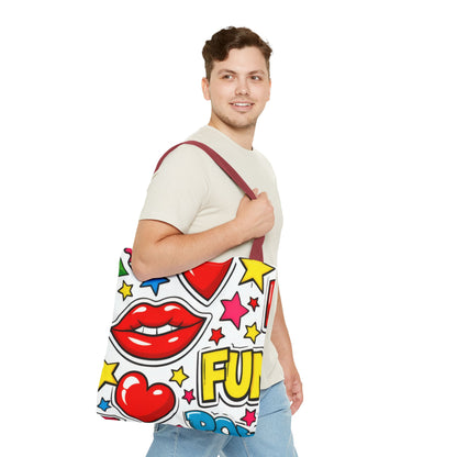 Pop Art Kiss & Cherries Tote Bag — Fun Retro Pattern All-Over Print