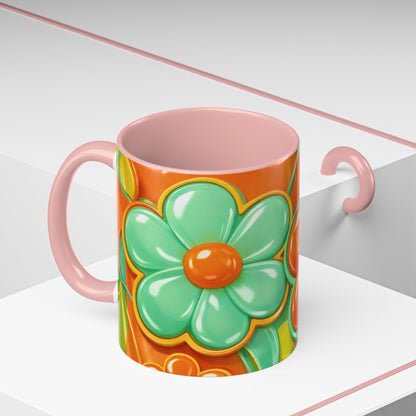 Retro Orange & Teal Flower Pattern Mug | Accent Coffee Mug