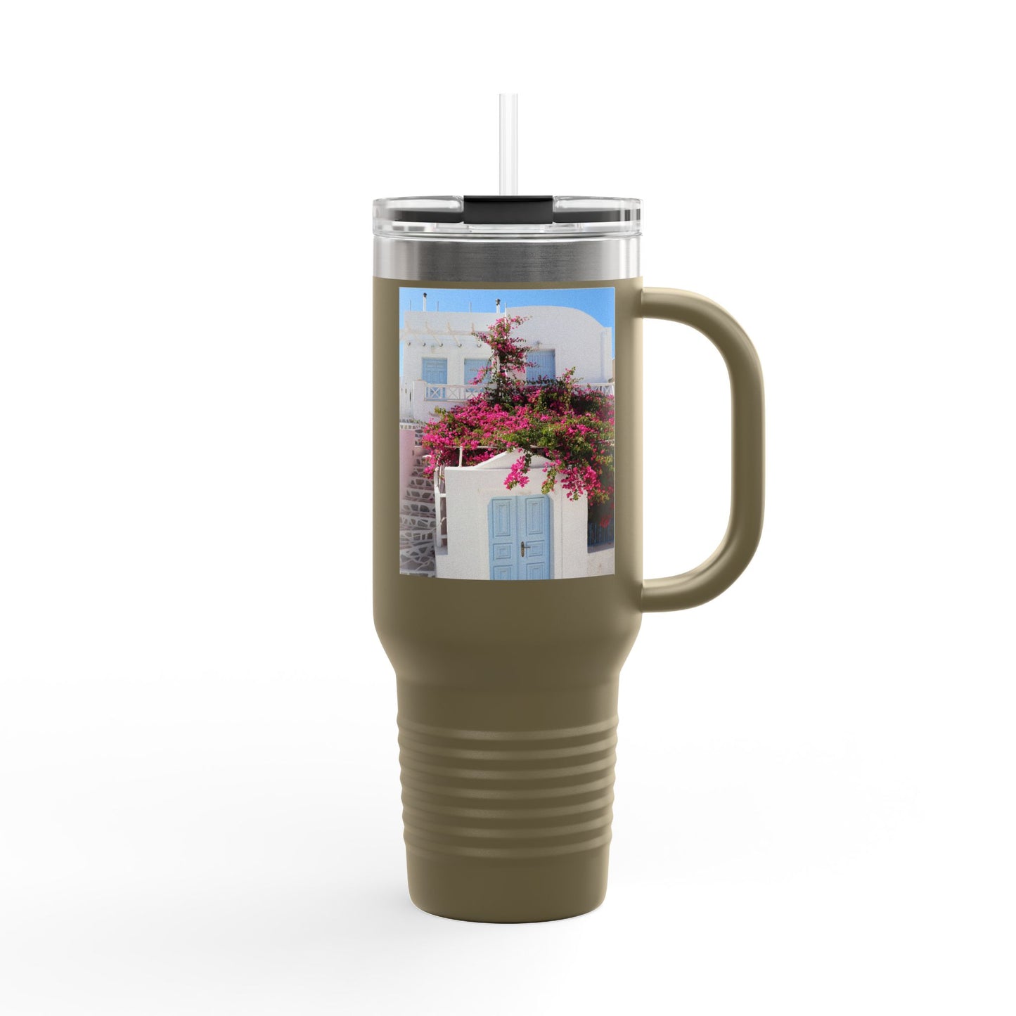 Oia Santorini Blue Door Travel Mug — 40oz Insulated Tumbler Greek Gift