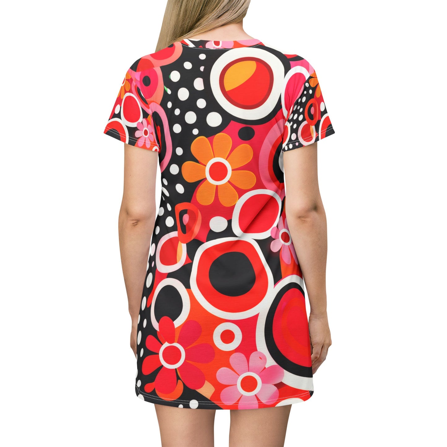 Retro Floral Circle Print T‑Shirt Dress — Bold 60s-Inspired AOP