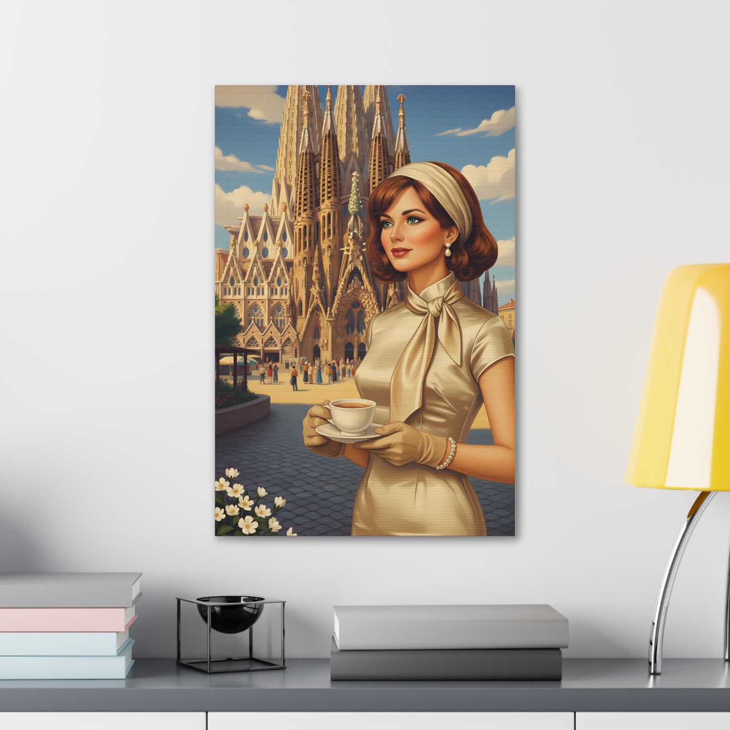 Elegant vintage woman drinking coffee in front of Sagrada Familia in Barcelona, retro fashion illustration Canvas Print - Stretched 1.5"