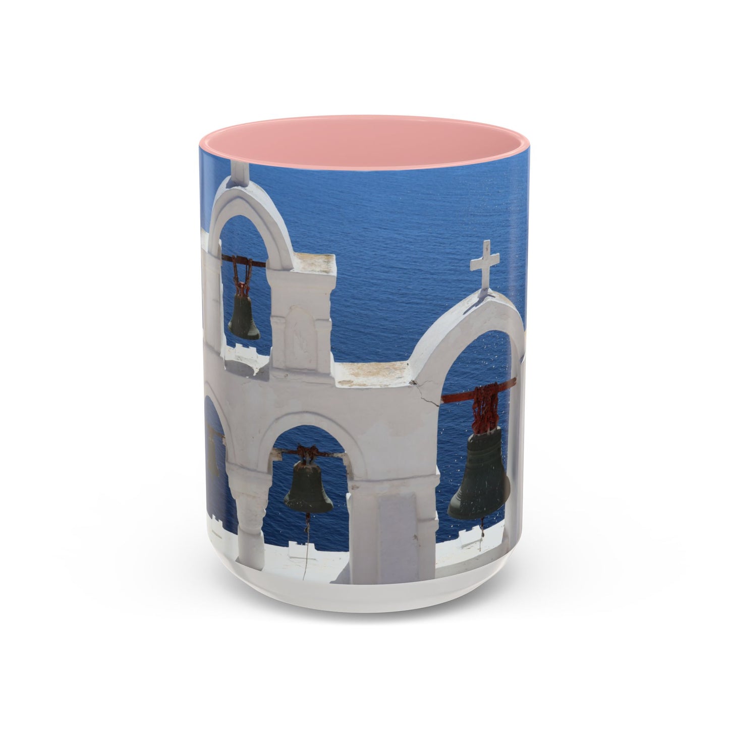 Santorini Bell Towers coffee mug | Greek island scene, blue sea accent mug