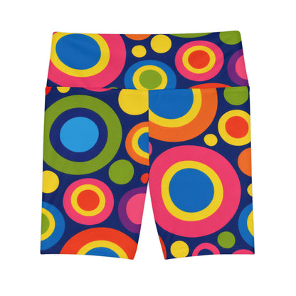Retro Neon Circle Workout Shorts — Women's High-Waist Activewear