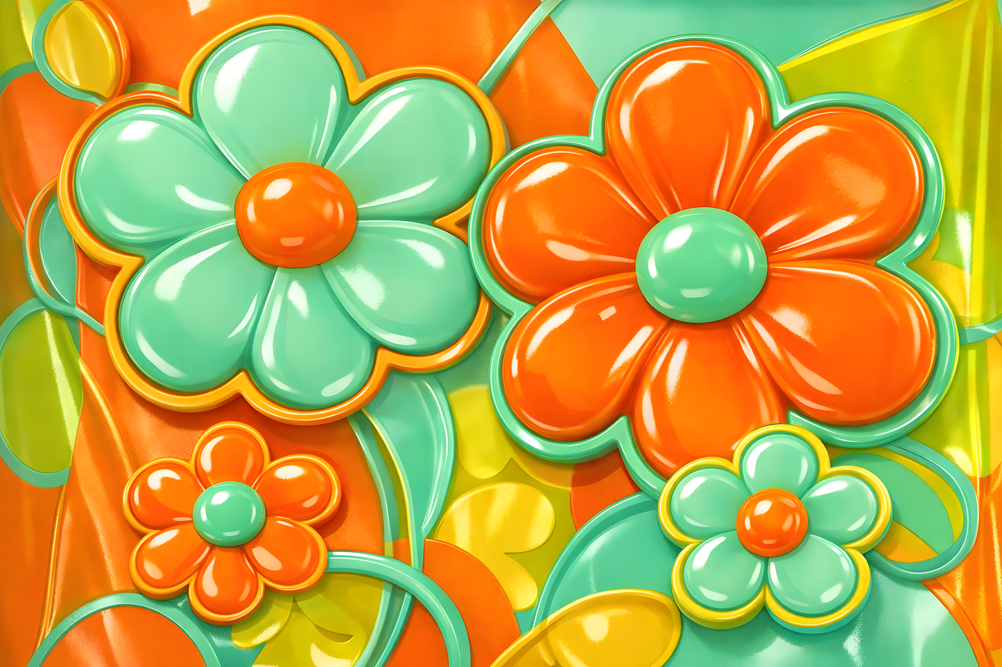 3D Glossy Retro Flowers Orange Mint — High-Resolution Digital Art Print