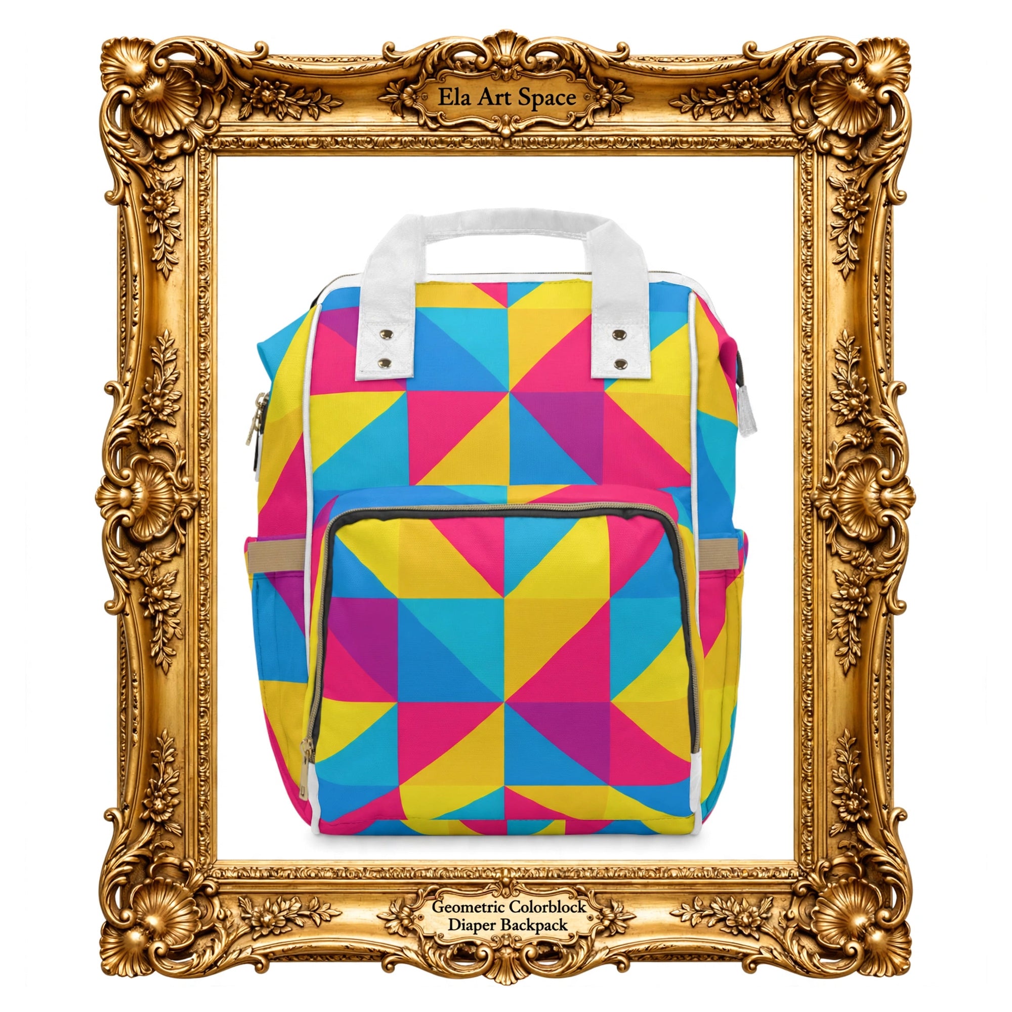 A colorful geometric patterned paper backpack with white handles, displayed inside an ornate gold picture frame. The frame has text at the top reading 'Ela Art Space' and at the bottom reading 'Geometric Colorblock Paper Backpack'.