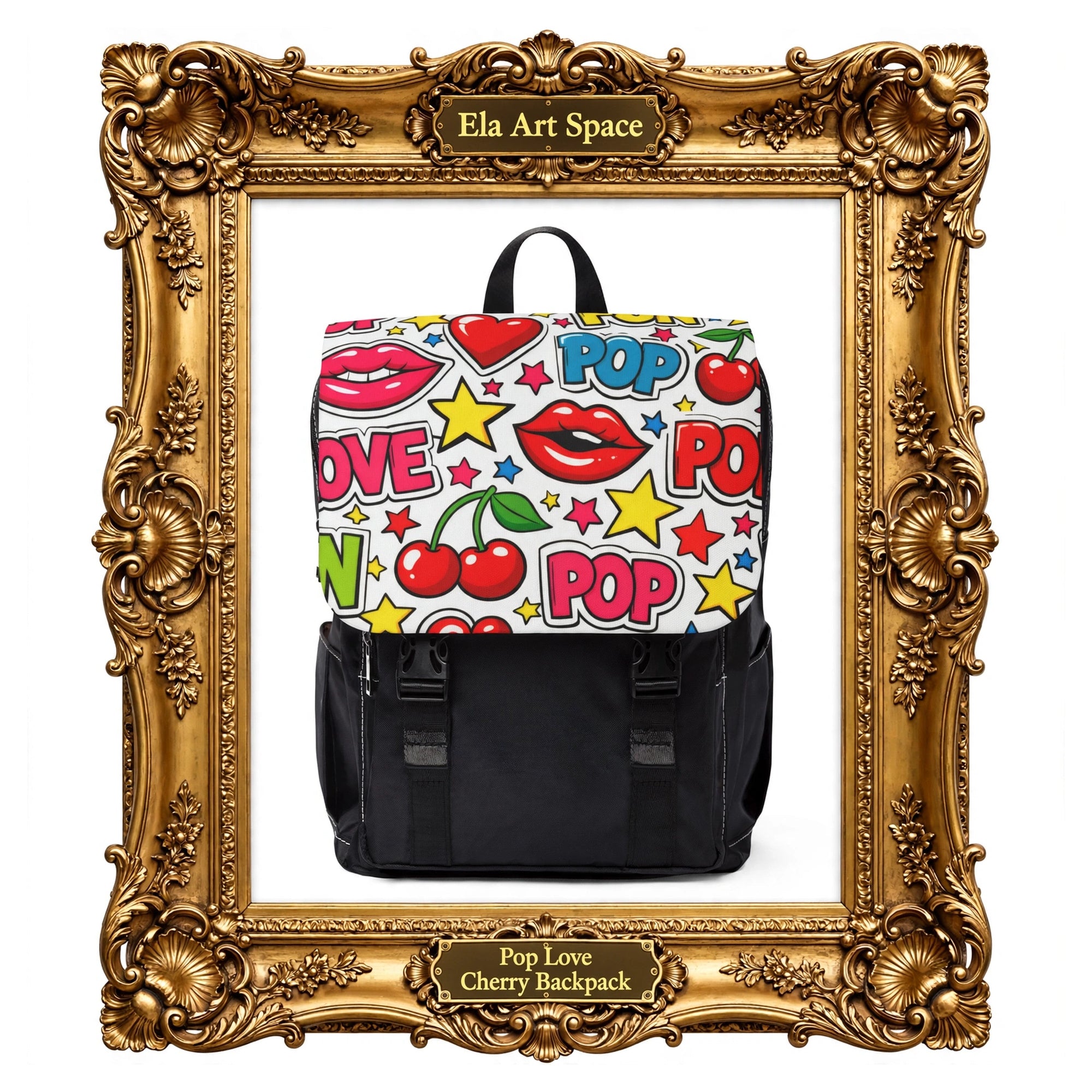 A pop-art style cherry backpack with a white top panel featuring colorful 'POP LOVE CHERRY' text, hearts, cherries, and lips, and a black lower body, displayed inside an ornate gold picture frame with 'Ela Art Space' at the top and 'Pop Love Cherry Backpack' at the bottom.