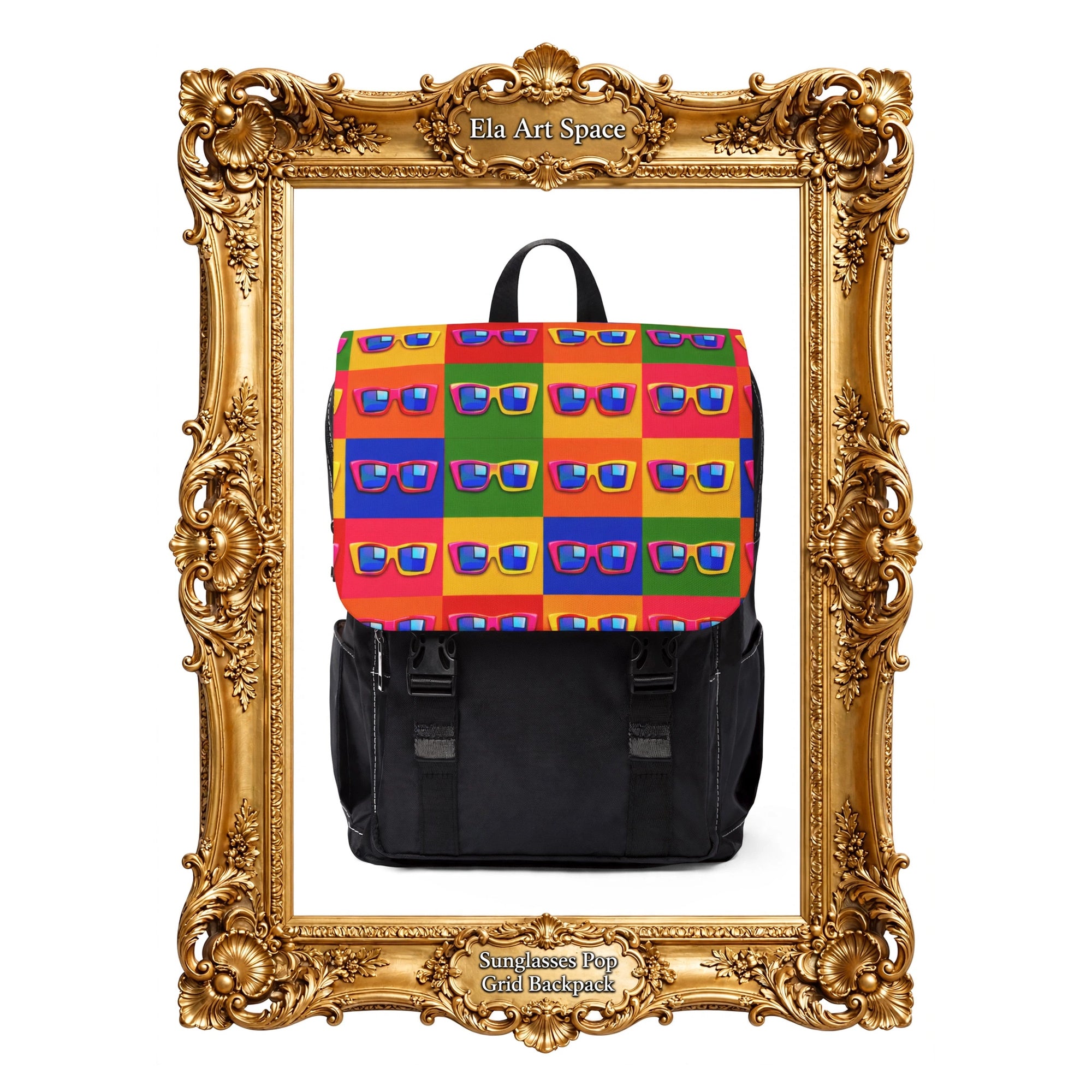 A black backpack with a colorful grid-patterned top flap, displayed inside an ornate gold picture frame on a white background. The frame has text reading 'Elu Art Space' at the top and 'Sunglasses Bag Grid Backpack' at the bottom.