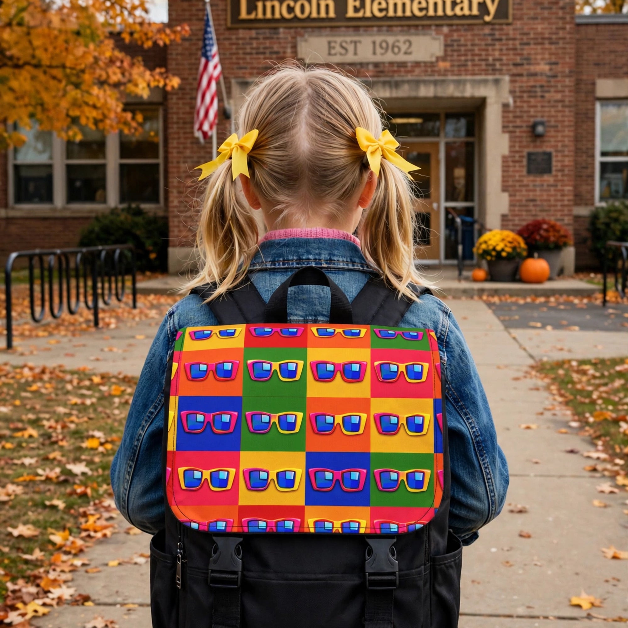 A young girl with blonde pigtails and yellow hair bows is seen from behind, wearing a colorful patterned backpack in front of Lincoln Elementary school.