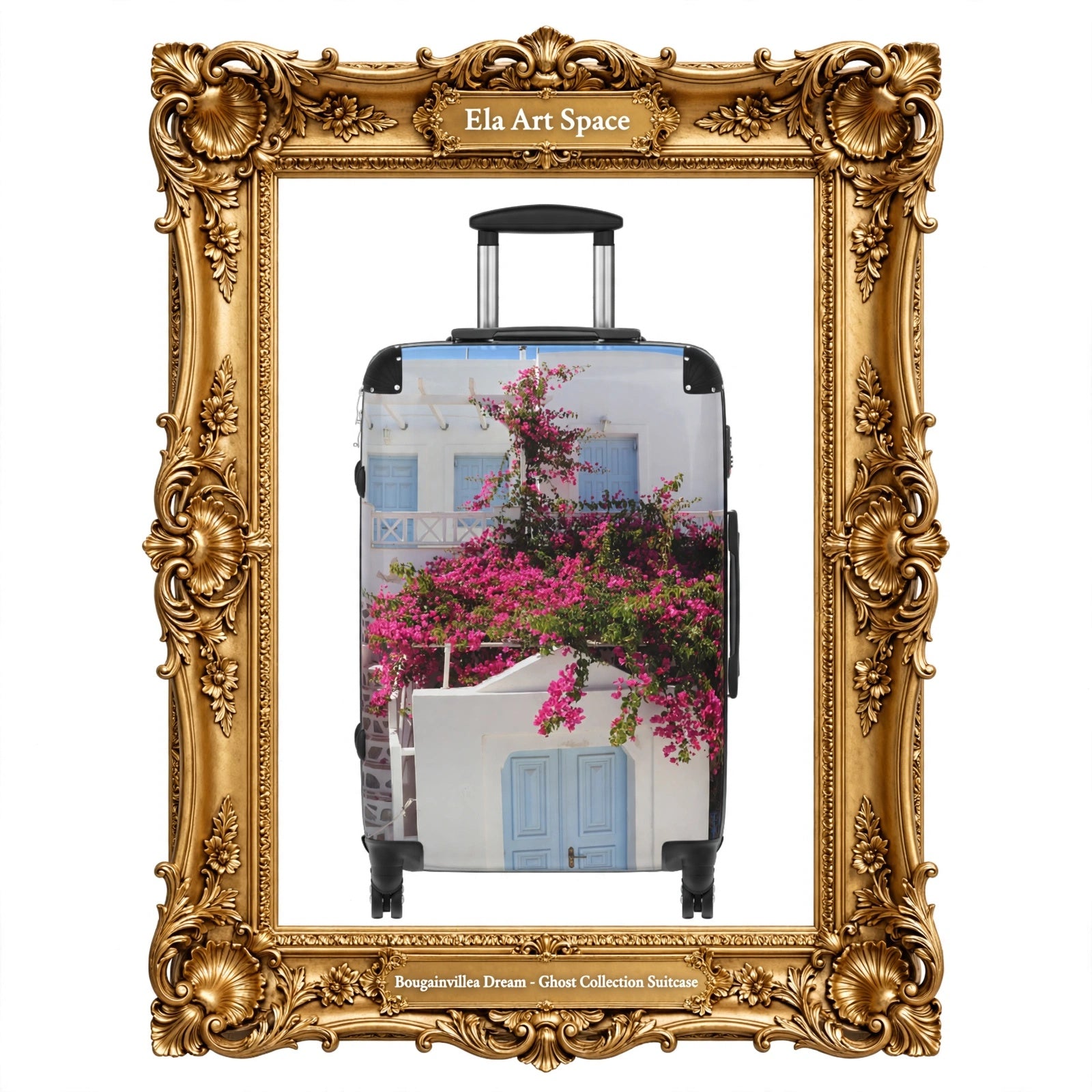 Bougainvillea Dream Suitcase - Greek Blue Doors & Pink Flowers Luggage | My Original Photo