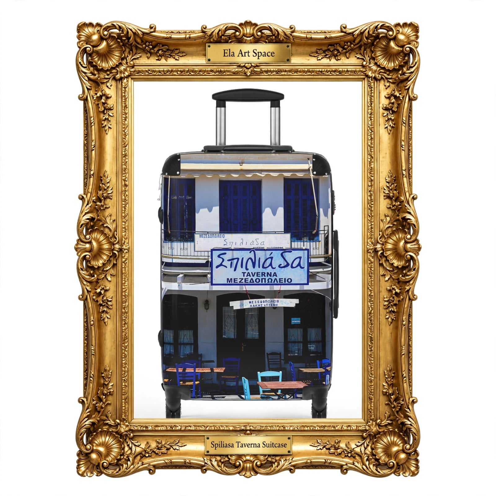 Spiliasa Taverna Poros Island Suitcase - Greek Blue Shutters Luggage | Original Photo