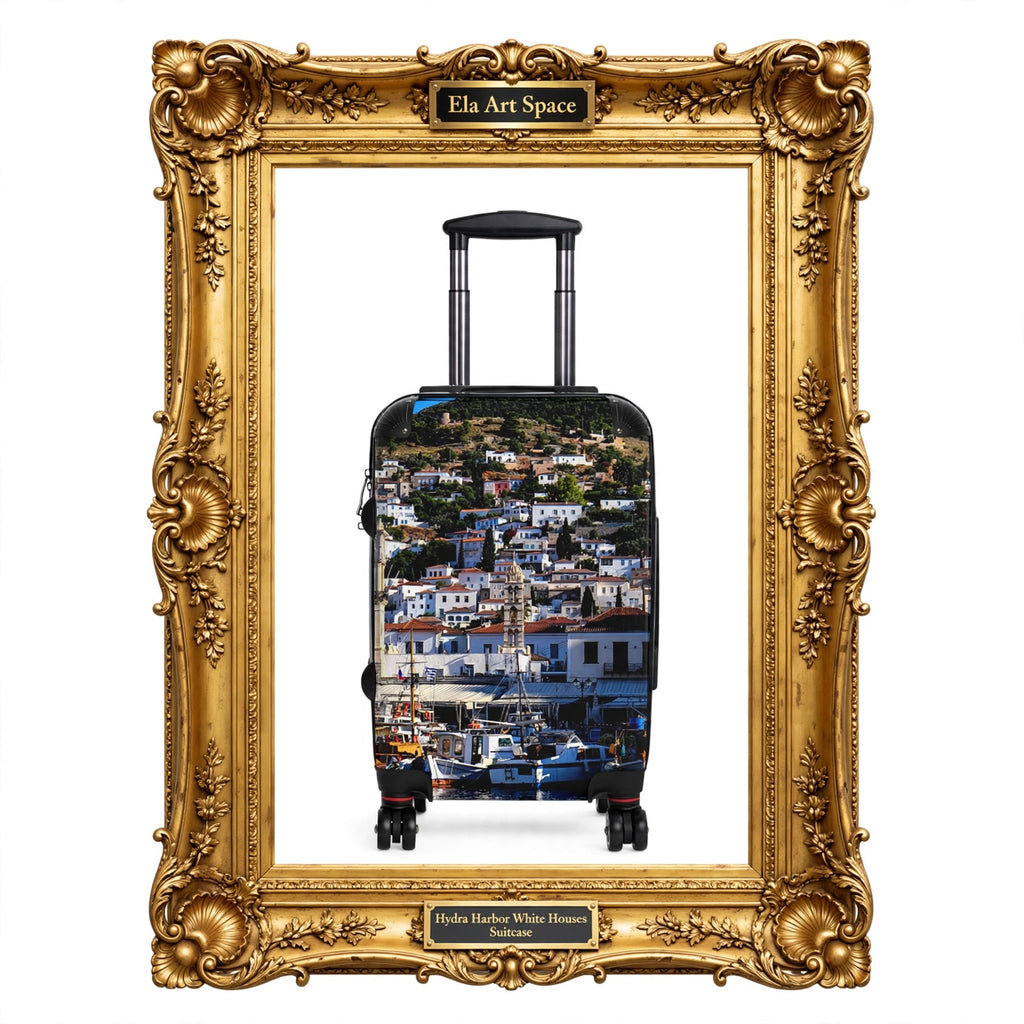 Hydra Harbor Suitcase - Greek Island White Houses & Boats Luggage | Original Photo - Saronic Gulf
