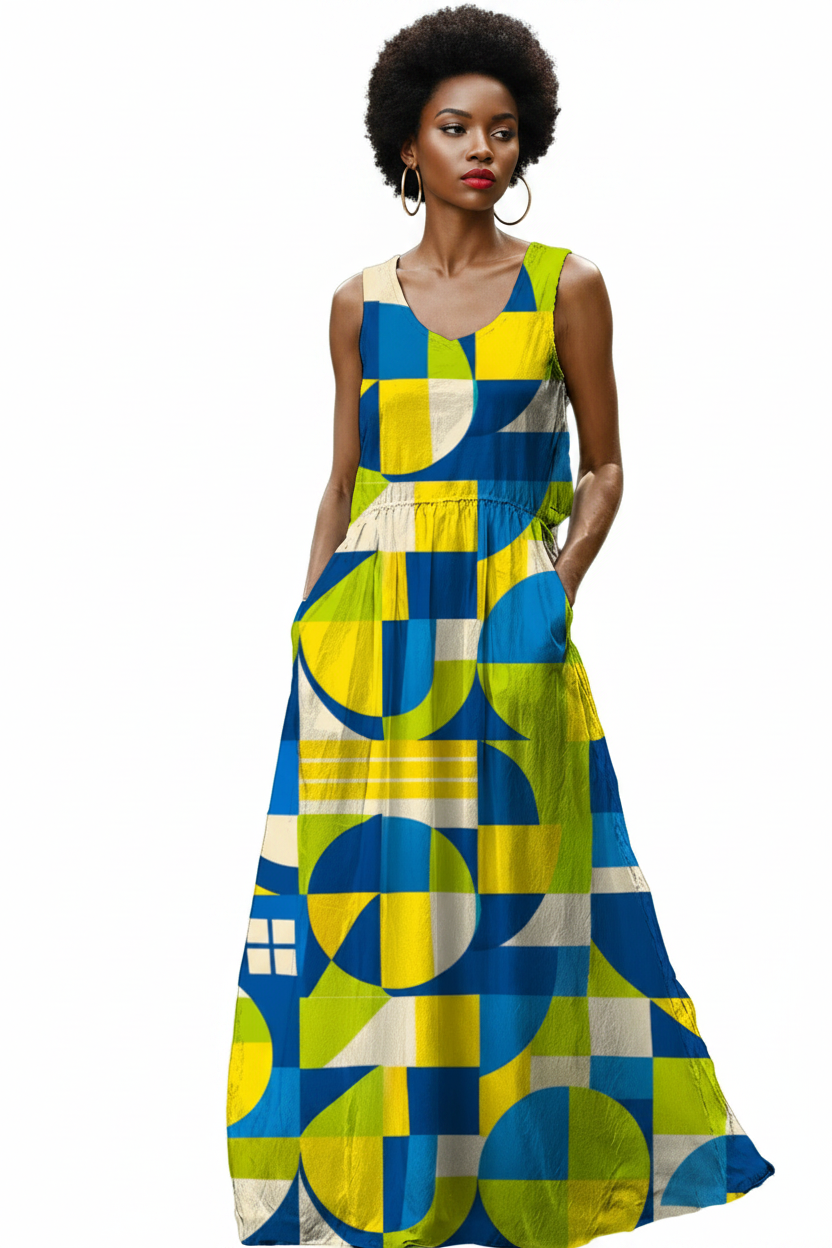 Bauhaus Geometric Maxi Dress — New Head White BG