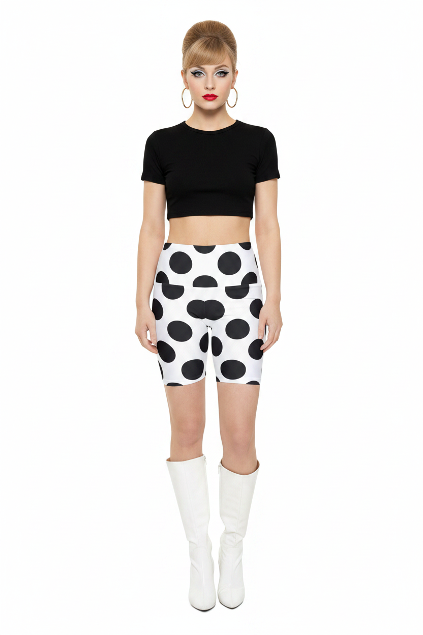 Black White Polka Dot Bike Shorts - Twiggy model go-go boots