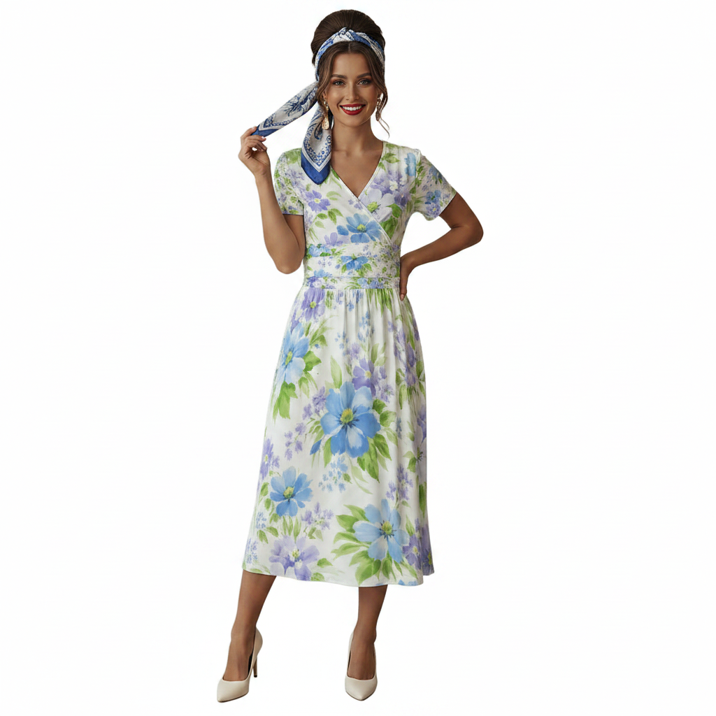 Blue Floral Wrap Dress Modelka 2
