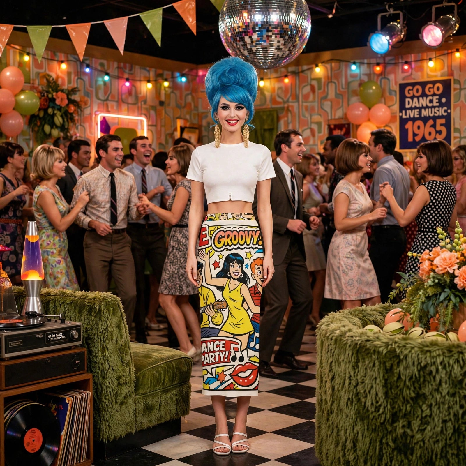 A woman stands in a retro-themed party room wearing a white cropped top and a colorful, vintage-style printed skirt with blue hair. The background shows a lively scene with people dancing, a disco ball, and vintage decor.