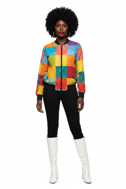 Colorblock Patchwork Bomber modelka 1
