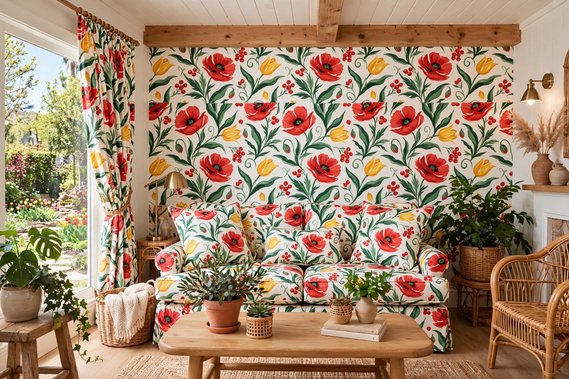 A styled living room featuring a bold floral wallpaper mural with red poppies, yellow tulips, and green leaves on a white background, paired with matching curtains, a floral upholstered sofa, and wooden furniture.