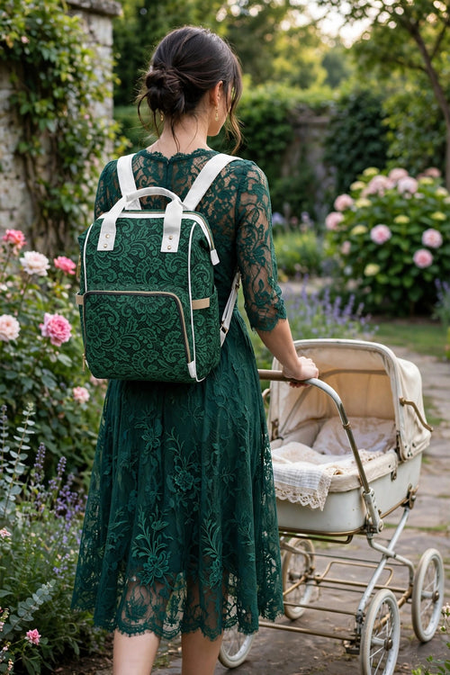 Emerald Lace Diaper Backpack - Velvet Lace Mama - Baroque Mom Bag