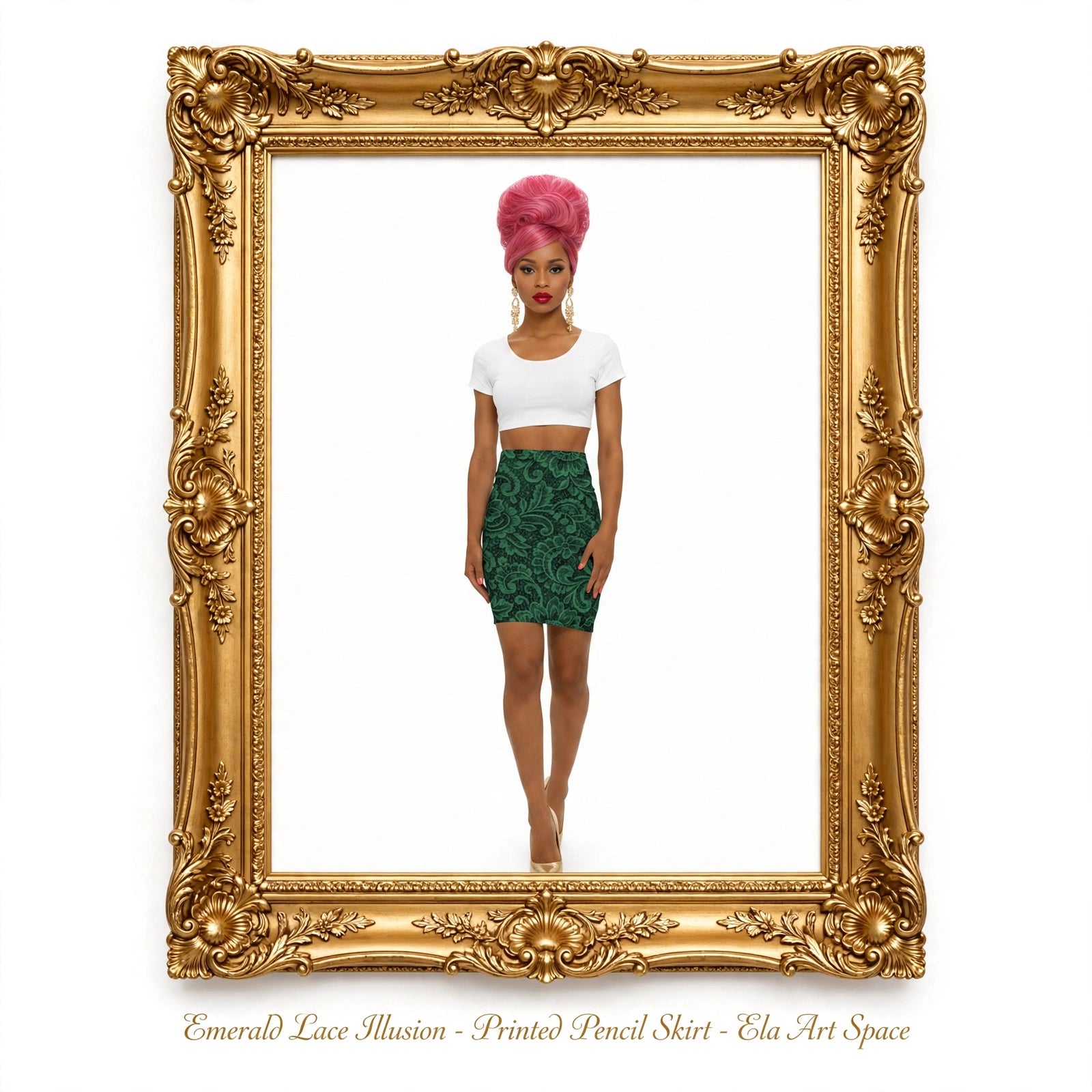 Emerald Lace Illusion - Printed Pencil Skirt