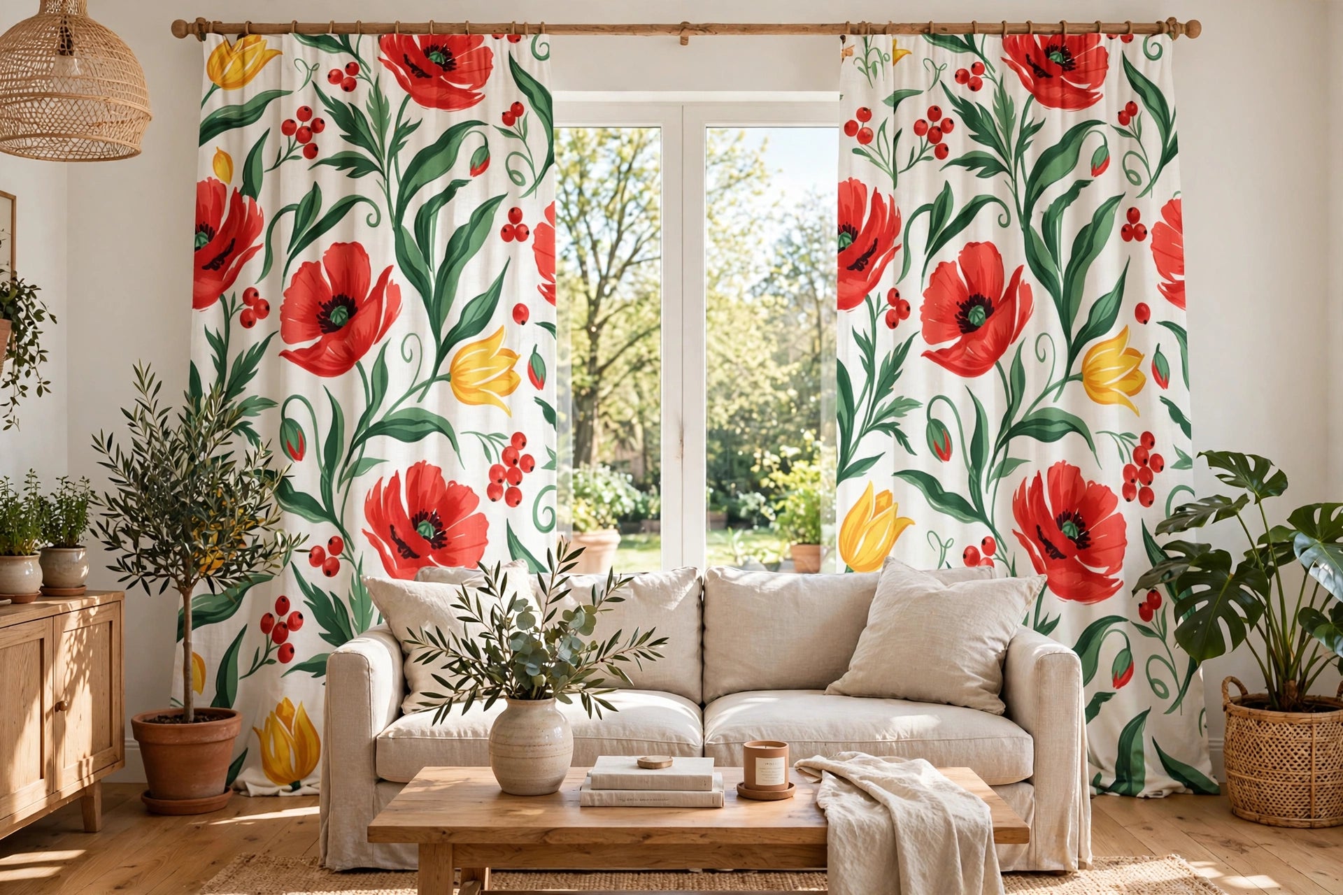 A pair of long window curtains with a bold floral print featuring red poppies, green leaves, and yellow tulips on a white background, styled in a bright, modern living room with a beige sofa and wooden coffee table.