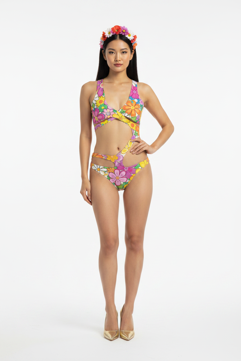 Flower Power Cut-Out Monokini — Azjatka z kwiatową opaską