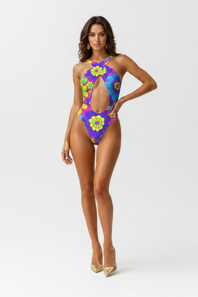 Flower Power Monokini — opalona modelka + złote stiletto