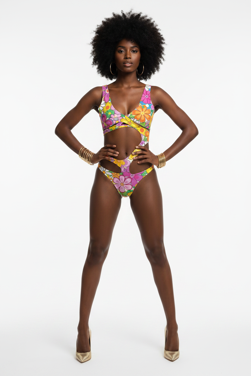 Flower Power Wrap Monokini — Black model z afro + złote stiletto