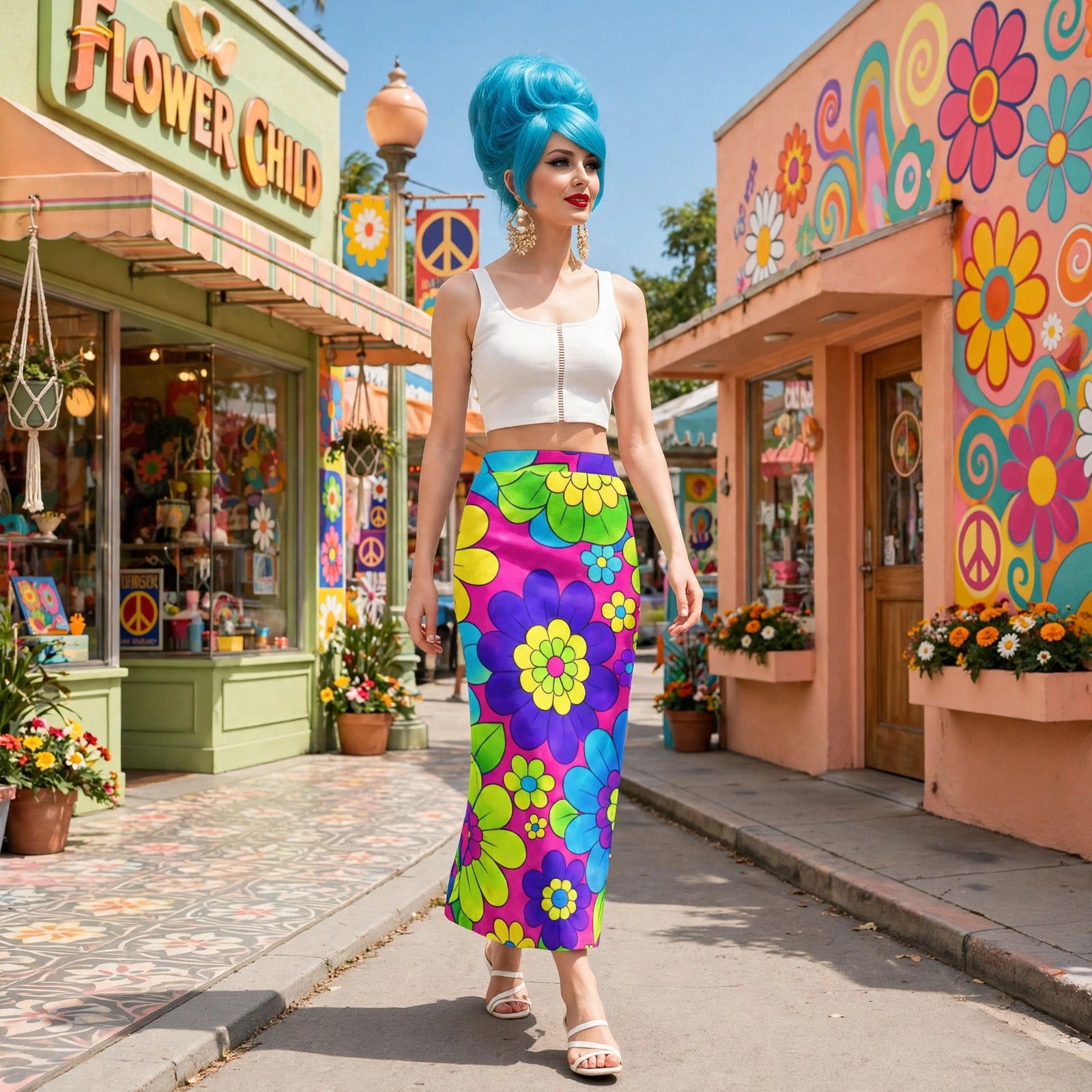 A woman walking down a colorful street wearing a white ribbed tank top and a vibrant, retro-style floral midi skirt with a bright blue hairdo. The background features whimsical, psychedelic storefronts with peace signs and flowers.