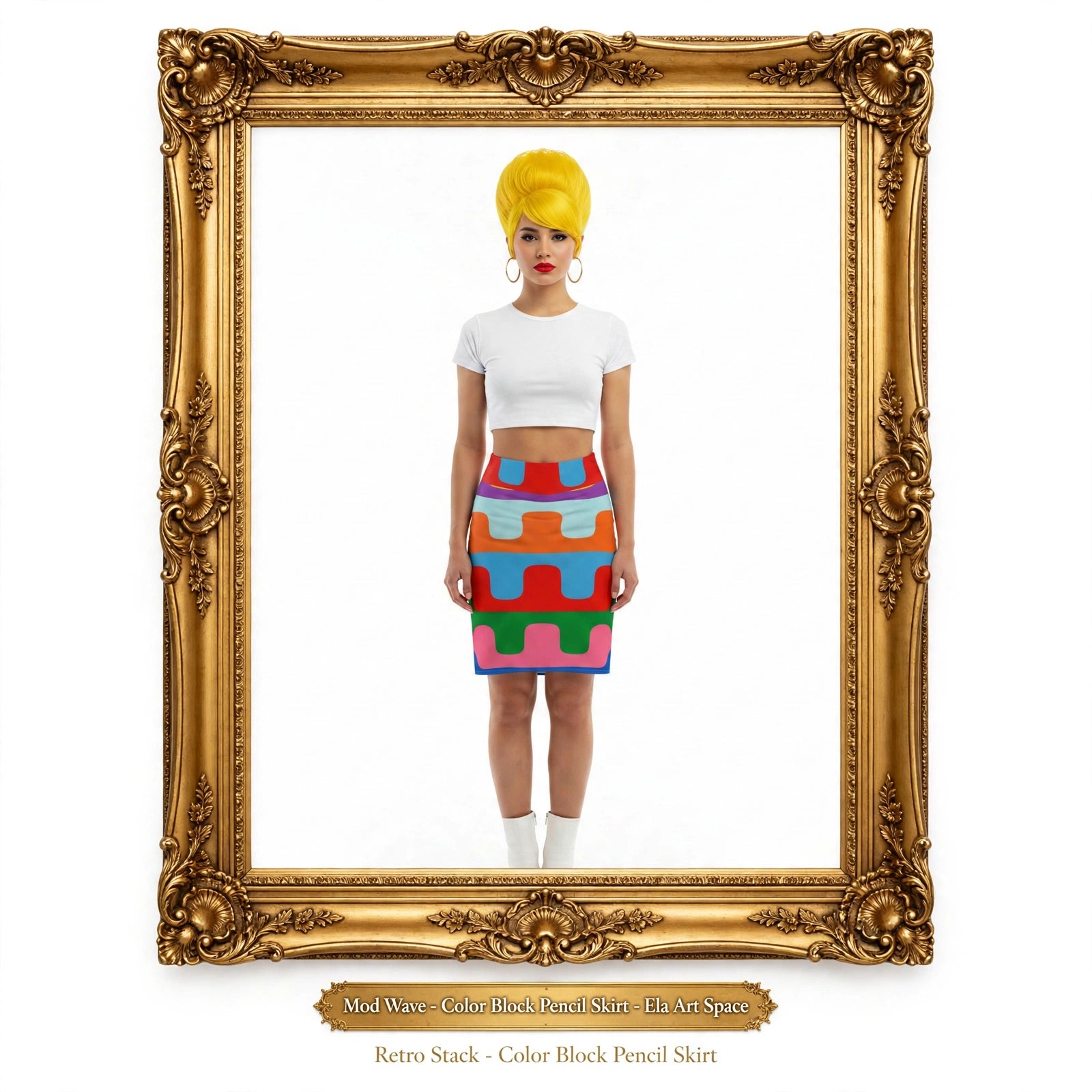A model wearing a white crop top and a colorful retro-patterned pencil skirt stands centered inside an ornate gold picture frame on a white background. Text below the frame reads 'Mod Wave - Color Block Headband Skirt - El ArtSpace' and 'Retro Stack - Color Block Pencil Skirt'.