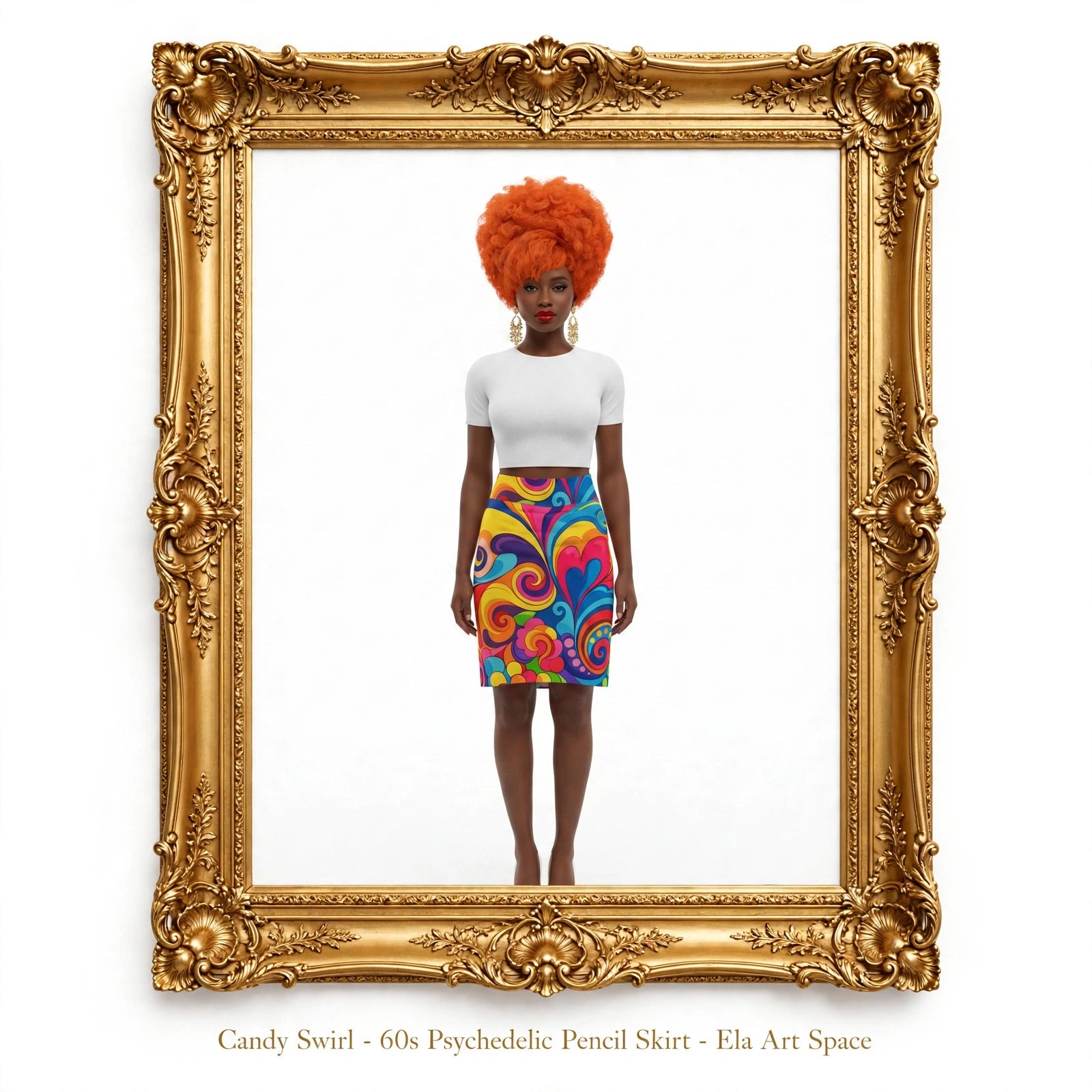 A model wearing a white cropped top and a vibrant, multicolored psychedelic pencil skirt with swirling patterns in red, yellow, blue, and green. The model is framed within an ornate gold picture frame on a white background, with text at the bottom reading 'Candy Swirl - 60s Psychedelic Pencil Skirt - Ela Art Space'.