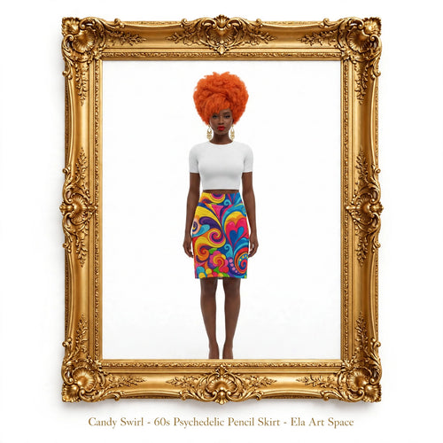A model wearing a white cropped top and a vibrant, multicolored psychedelic pencil skirt with swirling patterns in red, yellow, blue, and green. The model is framed within an ornate gold picture frame on a white background, with text at the bottom reading 'Candy Swirl - 60s Psychedelic Pencil Skirt - Ela Art Space'.