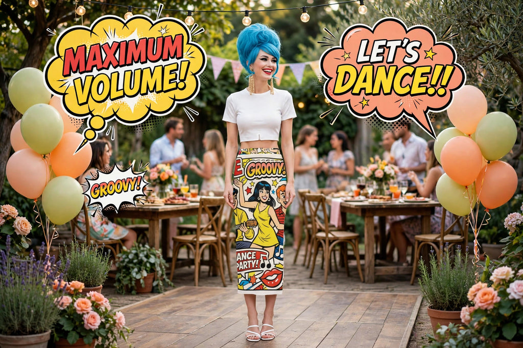 A woman stands in a garden party setting wearing a white crop top and a colorful comic-style skirt with the words 'GROOVY' and 'DANCE MOTIF!!'. Large speech-bubble graphics reading 'MAXIMUM VOLUME!', 'LET'S DANCE!!', and 'GROOVY!' are overlaid on the scene, along with balloons and tables of guests in the background.