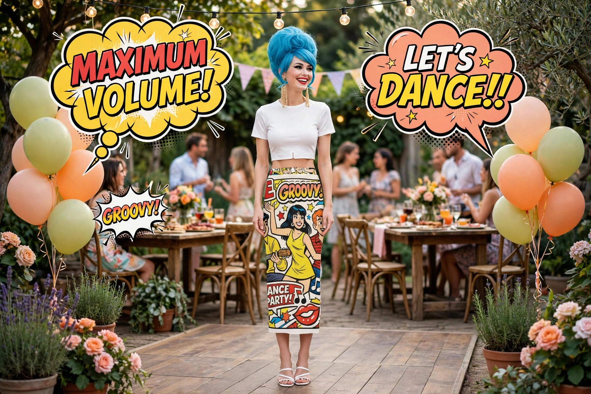 A woman stands in a garden party setting wearing a white crop top and a colorful comic-style skirt with the words 'GROOVY' and 'DANCE MOTIF!!'. Large speech-bubble graphics reading 'MAXIMUM VOLUME!', 'LET'S DANCE!!', and 'GROOVY!' are overlaid on the scene, along with balloons and tables of guests in the background.