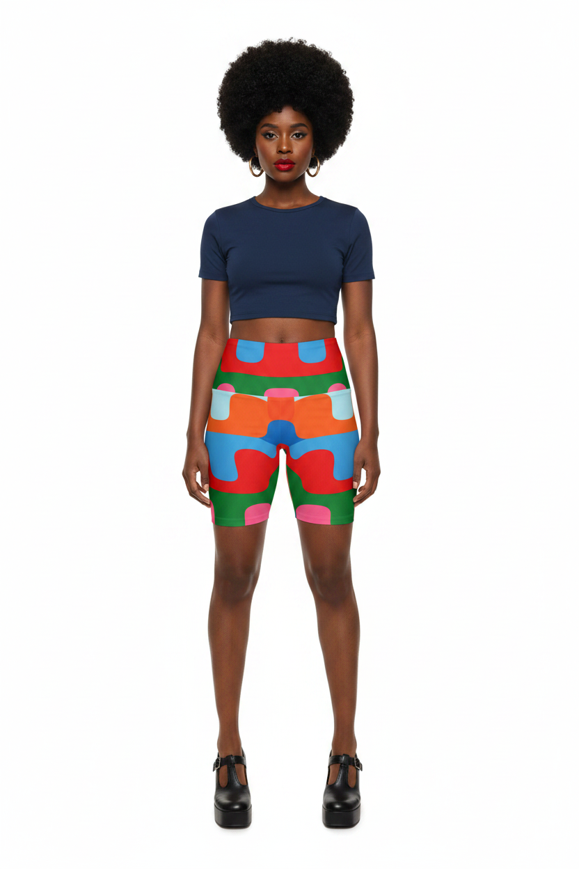 Geometric Puzzle Bike Shorts - Black model bouffant Mary Jane