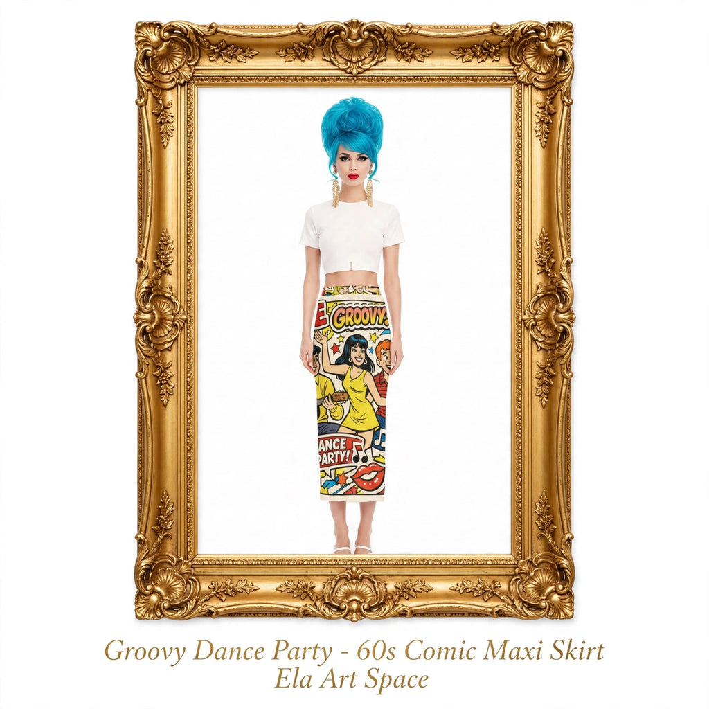 A model stands centered inside an ornate gold picture frame on a white background, wearing a bright blue wig, a white cropped top, and a colorful comic-style maxi skirt with the words 'Groovy Dance Party.' Text below the frame reads 'Groovy Dance Party - 60s Comic Maxi Skirt' and 'Ela Art Space.